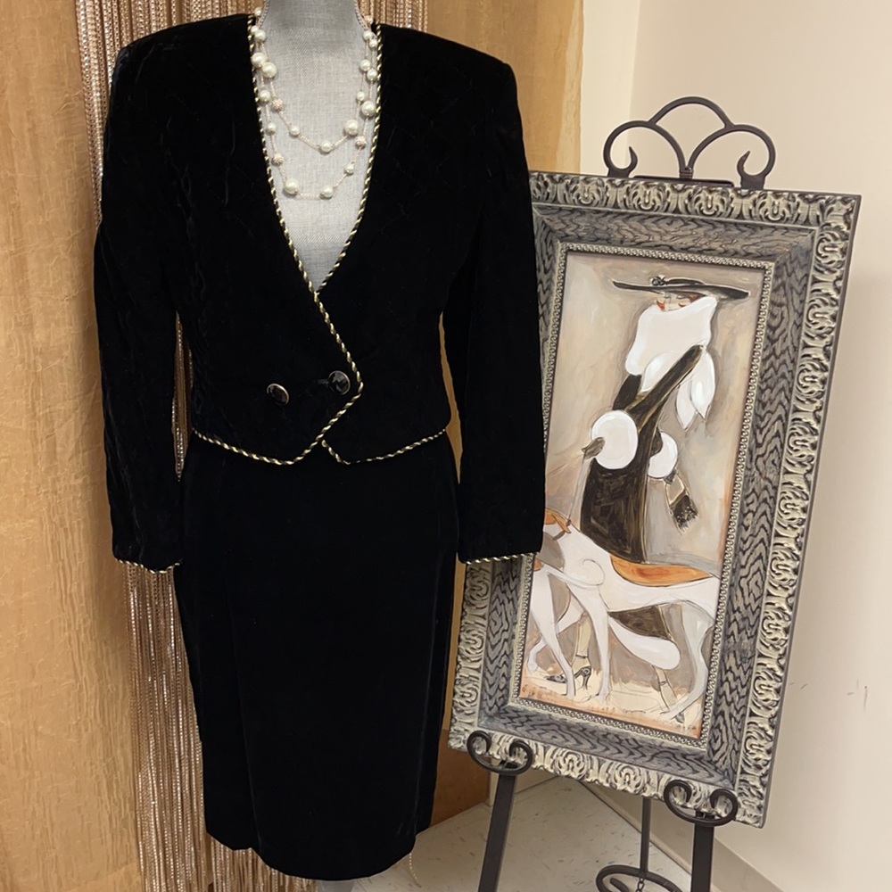 Vintage Black Velvet Skirt Suit | Beautiful Gold & Black Trim | EUC